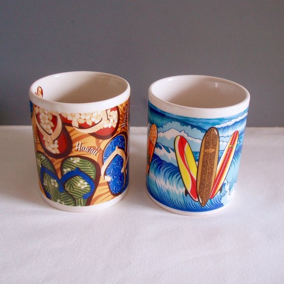 Hawaii Slippers Flop Flops Surf’s Up Surfboard Coffee Mug Set Beach Tea Souvenir - Picture 4 of 14